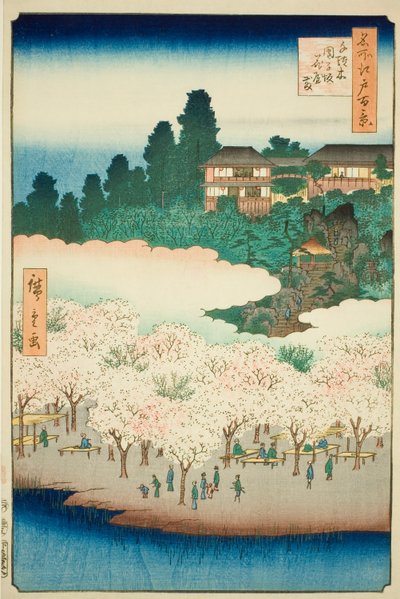 Blomsterpavillonen på Dango Slope, Sendagi (Sendagi Dangozaka Hanayashiki), nr. 16 fra serien "One Hundred Famous Views of Edo (Meisho Edo hyakkei)". af Utagawa Hiroshige