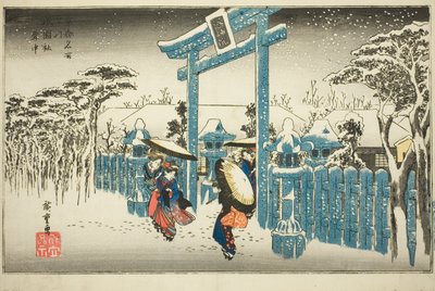 The Gion Shrine in Snow (Gionsha setchu), fra serien "Famous Places in Kyoto (Kyoto meisho no uchi)" af Utagawa Hiroshige