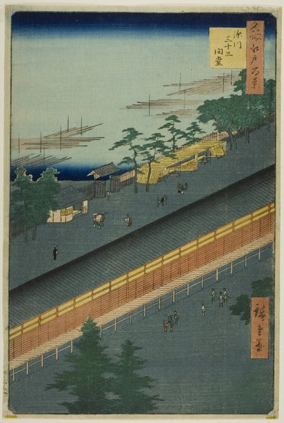 Hallen med de treogtredive bugter i Fukagawa (Fukagawa Sanjusangendo), fra serien "Hundrede berømte udsigter over Edo (Meisho Edo hyakkei)" af Utagawa Hiroshige