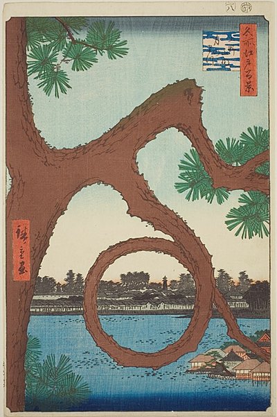Månefyrretræet på tempelgrunden i Ueno (Ueno sannai Tsuki no matsu), fra serien "Hundrede berømte udsigter over Edo (Meisho Edo hyakkei)" af Utagawa Hiroshige
