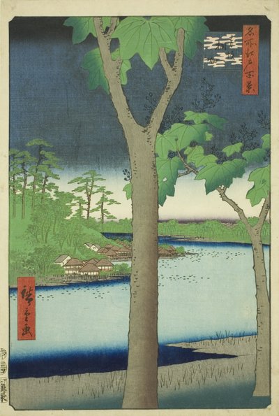 Te Paow nia Grove at Akasaka (Akasaka Kirihata), fra serien "Ridge for dre d Fa net s views of Edo (Et hundrede berømte seværdigheder i Edo)" af Utagawa Hiroshige