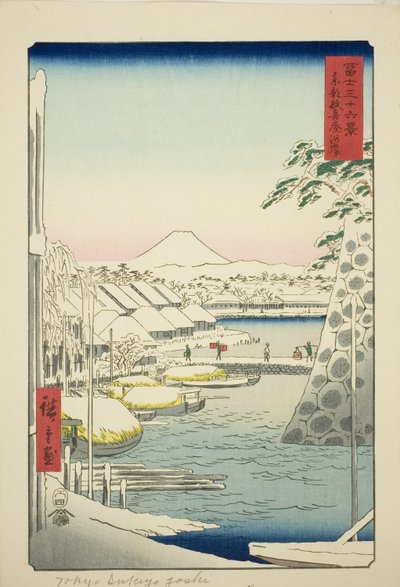 Flodbredden ved Sukiya i den østlige hovedstad (Toto Sukiyagashi), fra serien "Seksogtredive udsigter over Mount Fuji (Fuji sanjurokkei)" af Utagawa Hiroshige