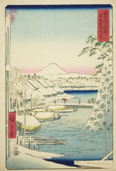 Flodbredden ved Sukiya i den østlige hovedstad (Toto Sukiyagashi), fra serien "Seksogtredive udsigter over Mount Fuji (Fuji sanjurokkei)" af Utagawa Hiroshige