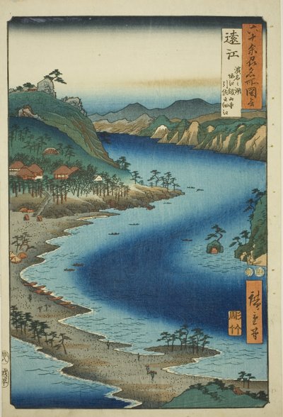 Totomi-provinsen: The Narrow Inlet of Inasa nær Kanzan-templet på Hamana-søen ved Horie (Totomi, Hamana no umi, Horie Kanzanji, Inasa no hosoe), fra serien "Famous Places in the Sixty-odd Provinces (Rokujuyoshu meisho zue)" af Utagawa Hiroshige