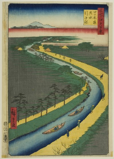 Bugserbåde langs Yotsugidori-kanalen (Yotsugidori yosui hikifune), fra serien "One Hundred Famous Views of Edo (Meisho Edo hyakkei)" af Utagawa Hiroshige