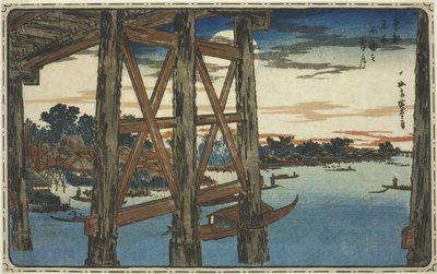 Twilight Moon at the Ryogoku Bridge (Ryogoku no yoizuki), fra serien "Famous Views of the Eastern Capital (Toto meisho)" af Utagawa Hiroshige