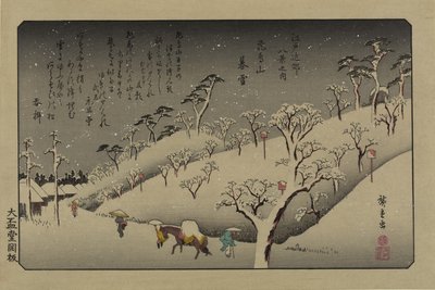 Twilight Snow ved Asuka Hill. Fra serien Eight views in the environs of Edo, 1838. af Utagawa Hiroshige