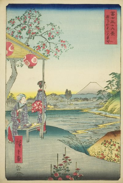Udsigt over Fuji-bjerget fra et tehus ved Zoshigaya (Zoshigaya Fujimi chaya), fra serien "Seksogtredive udsigter over Fuji-bjerget (Fuji sanjurokkei)" af Utagawa Hiroshige