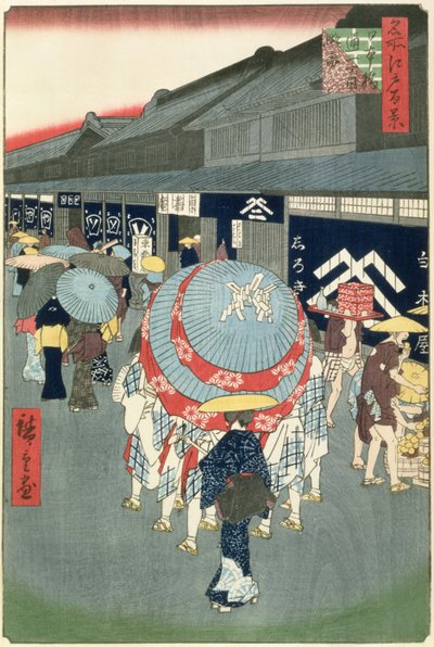 View of Nihonbashi Tori-itchome (Nihonbashi Tori-itchome Ryakuzu), tallerken 44 fra One Hundred Views of Edo (træblok farvetryk) af Utagawa Hiroshige
