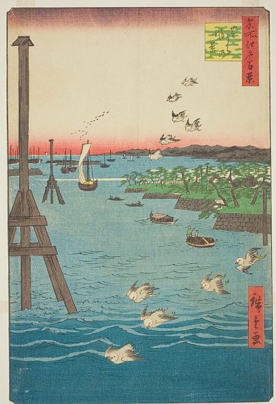 Udsigt over Shiba-kysten (Shibaura no kei), med nuancer af lyseblåt vand, nr. 108 fra serien One Hundred Famous Views of Edo (Meisho Edo hyakkei) af Utagawa Hiroshige