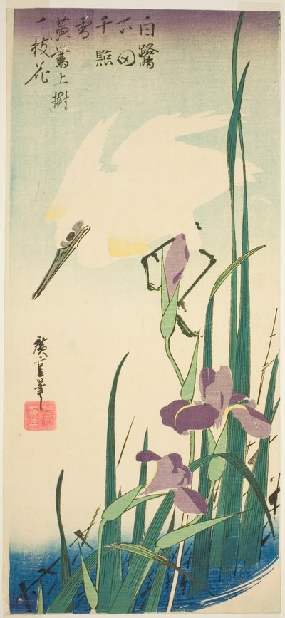 Hvid hegre og iris af Utagawa Hiroshige