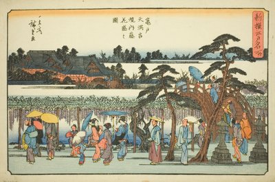 Wisteria i fuld blomst i området ved Kameido Tenmangu-helligdommen (Kameido Tenmangu keidai fuji hanazakari no zu), fra serien "Nyligt udvalgte berømte steder i Edo (Shinsen Edo meisho)" af Utagawa Hiroshige
