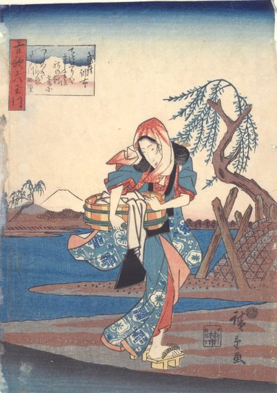 Kvinde vasker tøj ved Chofu-floden: Six Tama Rivers af Utagawa Hiroshige