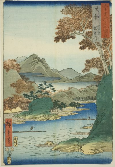 Yamato-provinsen: Tatsuta-bjerget og Tatsuta-floden (Yamato, Tatsutayama, Tatsutagawa), fra serien "Famous Places in the 60-odd Provinces (Rokujuyoshu meisho zue)"" af Utagawa Hiroshige