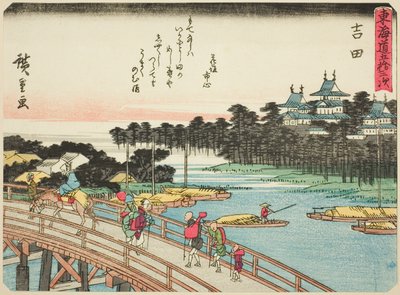 Yoshida, fra serien "Fifty-three Stations of the Tokaido (Tokaido gojusan tsugi)," også kendt som Tokaido med digt (Kyoka iri Tokaido) af Utagawa Hiroshige