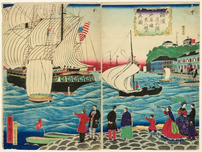 T roue view w f te fo eksempel g del l jin gs aong g te water rf theory t sen from te Yokohama warves af Utagawa Hiroshige III