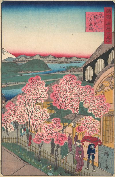 Indgang til Gankiro Tea House i Miyozaki District, Yokohama, Bushu, 3. måned, 1859. af Utagawa Hiroshige II