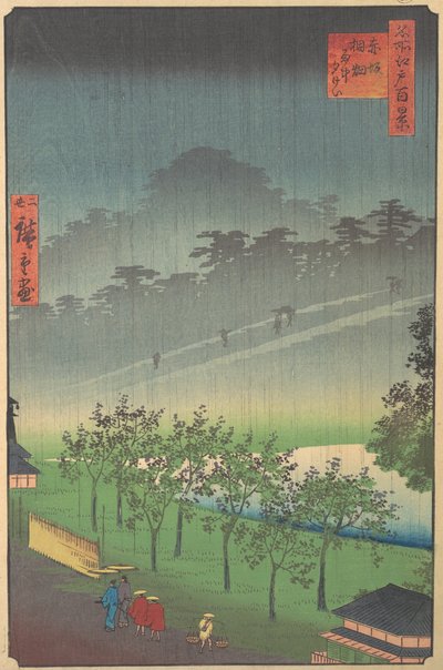 Aftenudsigt over Kiribata i regn ved Akasaka, 1859. af Utagawa Hiroshige II