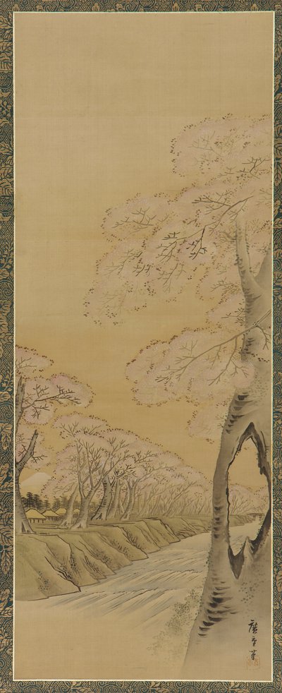 Landskab: blomstrende kirsebærtræer langs bredden af et vandløb, Edo-perioden, 1615-1868. af Utagawa Hiroshige II