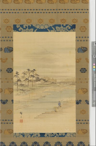 Flodlandskab: tømmergårde og flåder, midten af 1800-tallet. af Utagawa Hiroshige II