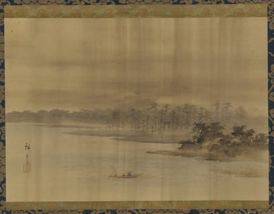 Flodlandskab og tempel i regnen, Edo-perioden, 1800-tallet. af Utagawa Hiroshige II