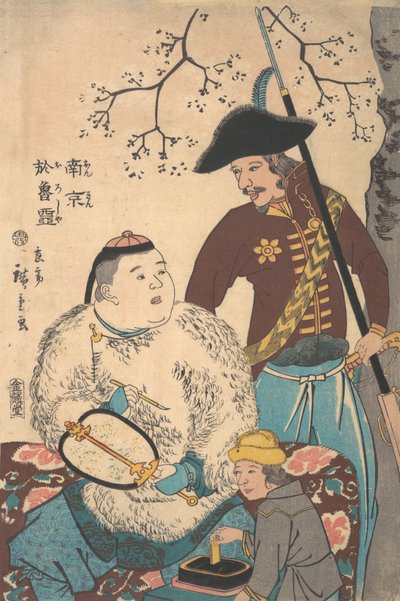 Russere og en kineser, der indskriver en fan, 12. måned, 1860. af Utagawa Hiroshige II