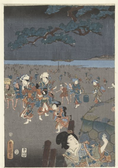 Samler skaller på stranden Akashi Akashi no ura shiogari no zu af Utagawa Kunisada (I)