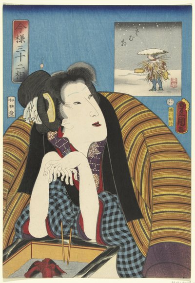 Kvinde, hænderne varmer på en hibachi 32 Moderne typer (serietitel) Imayo Sanjuniso (serietitel på objekt) af Utagawa Kunisada (I)