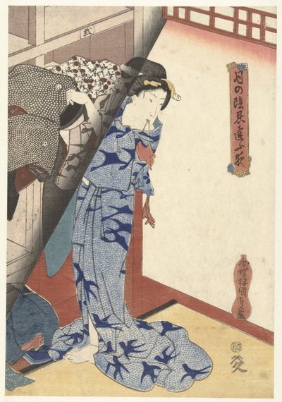 Kvinde lægger en kimono fra sig Secret Nighttime Dates af Moonlight (serietitel) Tsuki no kage shinobiau yoru (serietitel på objekt) af Utagawa Kunisada (I)