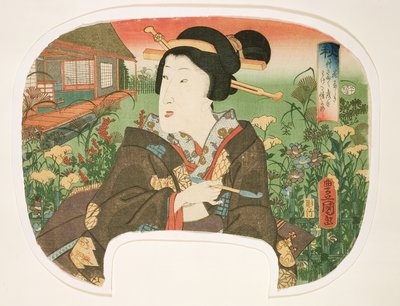 Efterår, Hanayashiki: En geisha med pibe, design til en vifte fra et sæt på fire, der illustrerer årstiderne, 1858-60 (træbloktryk) af Utagawa Kunisada