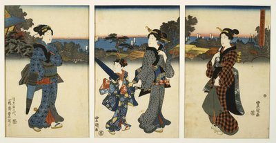 Kurtisaner på spadseretur ved havet af Utagawa Kunisada
