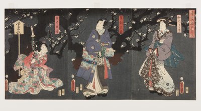 Nyder du Plum Blossoms in Spring Mist: Sodenok? (R), Ashikaga Mitsuuji (C) og Katsuragi (L) (Harukasumi ume no y?ran (farvet træbloktryk) af Utagawa Kunisada
