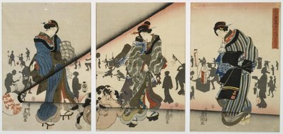 Natscene med piger, dyr og lanterner af Utagawa Kunisada