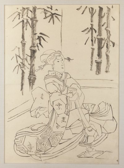 Forberedende tegning til venstre blad i triptykonet Elegant instrumentaltrio af piger af Utagawa Kunisada