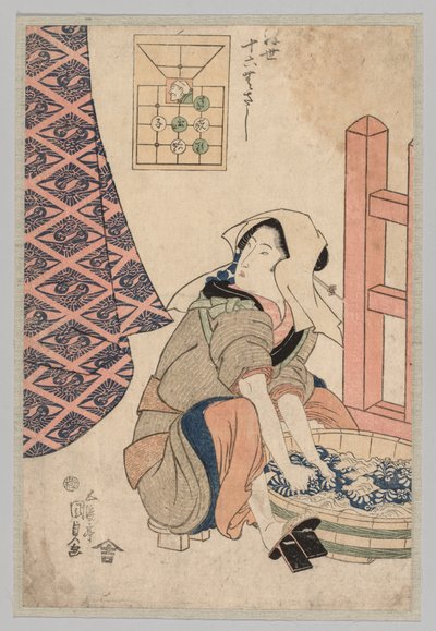 Siddende kvinde vasker tøj i et træbalje af Utagawa Kunisada