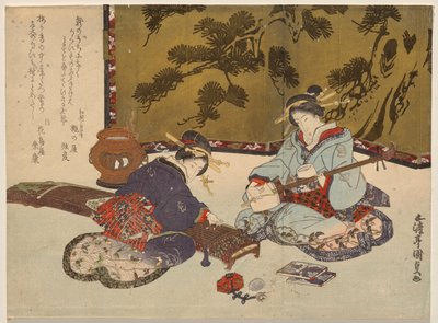 To kurtisaner, der spiller på musikinstrumenter af Utagawa Kunisada