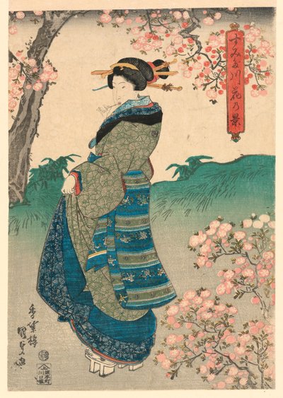 Kvinde ser Cherry Blossoms på bredden af Sumida-floden (Sumidagawa hana no kei) af Utagawa Kunisada