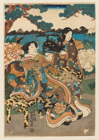 Træbloktryk - kurtisane og tjenestepige, 1786-1865 af Utagawa Kunisada