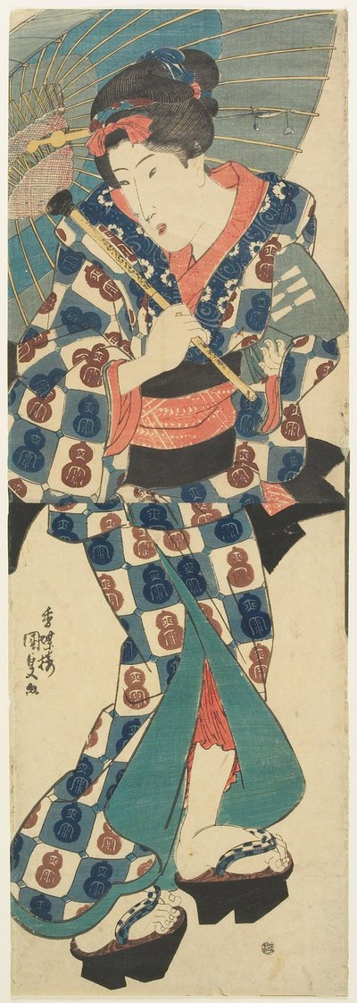 Junges Mädchen mit Regenschirm af Utagawa Kunisada