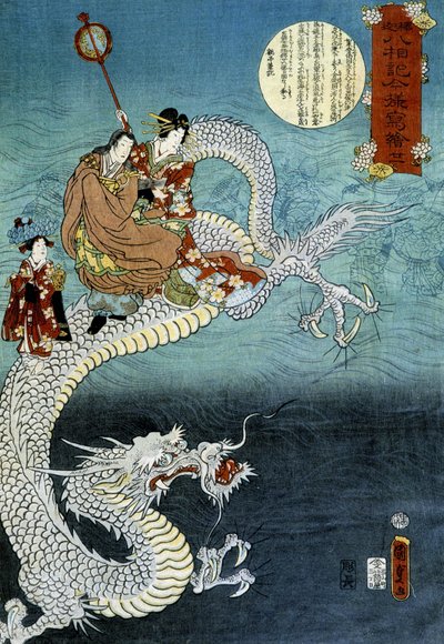 Drage og japansk i traditionel dragt - japansk tryk af Kounisoda af Utagawa Kunisada III