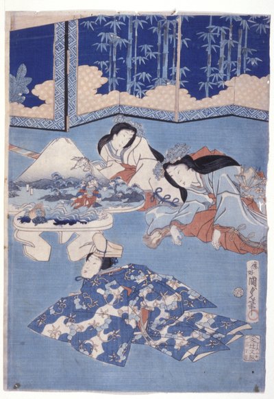 Indbydende forår med en samling af blomster (Hana Soroi Haru No Taimen) (træblok i farver) af Utagawa Kunisada II