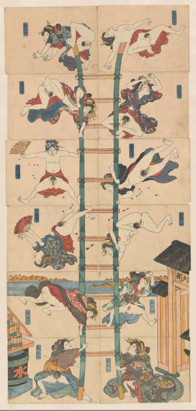 Serie på tolv koban Shunga med prostituerede i rollen som akrobatiske brandmænd af Utagawa Kuniyoshi (school of)