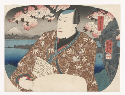 Skuespiller med vifte under kirsebærblomst af Utagawa Kuniyoshi
