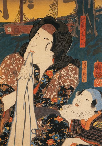 Skuespiller i eftertænksom positur ved siden af barnet, af Utagawa Kuniyoshi, træsnit af Utagawa Kuniyoshi