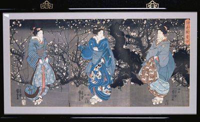 En oban triptykon, der skildrer en natlig scene med tre Bijin af Utagawa Kuniyoshi