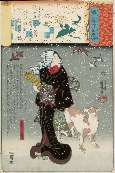Bijin med en hund i sneen, fra Genji mitate-serien af Utagawa Kuniyoshi
