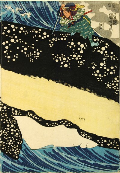 Triptykon med farvet træblok, der viser den store sværdkæmper Miyamoto Musashi, der angriber en kæmpe hval ud for Hizen-provinsens kyst: Japan, Edo, af Utagawa Kuniyoshi af Utagawa Kuniyoshi