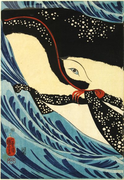 Triptykon med farvet træblok, der viser den store sværdkæmper Miyamoto Musashi, der angriber en kæmpe hval ud for Hizen-provinsens kyst: Japan, Edo, af Utagawa Kuniyoshi af Utagawa Kuniyoshi