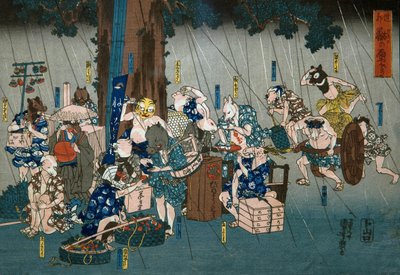 Komiske dyr, der tager ly for regn (Dōke kemono no amayadori), ca. 1842 af Utagawa Kuniyoshi