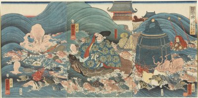 Dragegud belønner Hidesato med tre gaver, april 1858 af Utagawa Kuniyoshi